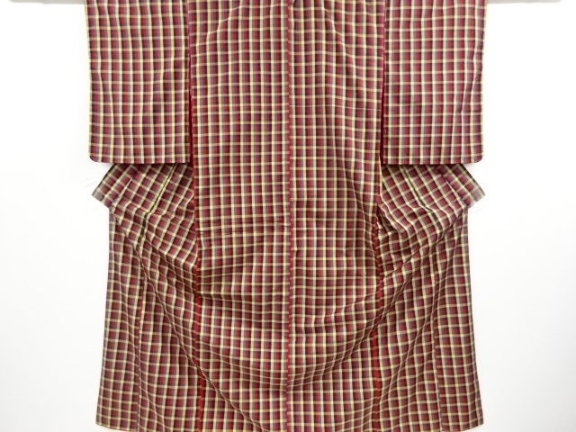 アンティーク　格子織り出し　手織り紬着物